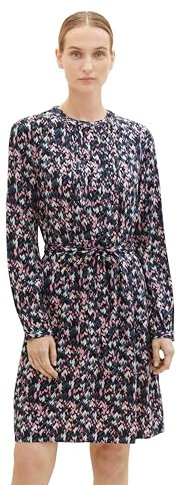 TOM TAILOR Damen Kleid aus Viskose mit Bindegürtel, blue small texture design, 40
