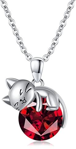 SLIACETE Collier chat en argent sterling 925 avec pendentif en forme de chat pour femmes et filles Bijoux Cadeau pour les amoureux des chats, Argent sterling, Grenat