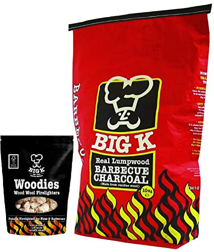 Big K BBQ Grill Charcoal Bulk - Real Lumpwood Charcoal 10kg Bag with 300g Woodies Natural Firelighters & Topline Card for Outdoor Barbeque, Fire Pit, Camping BBQs.