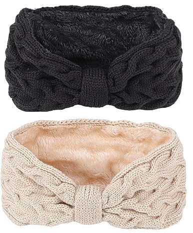 Samtschleife Woll-Haarband 2Stück Frauen Schleife-Knoten-Haarband,Gestrickte Ohrenschutz Kopfbedeckung, Winter Warmer Twist-Stirnband Haarschmuck für Frauen Mädchen (color 1)