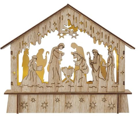 EMOS Presepe in legno leggero, decorazione natalizia con 6 LED, luce bianca calda, funzionamento a batteria (2 AA), IP20 interno, durata 10000 h, timer 6/18h, 18,5 x 15 cm