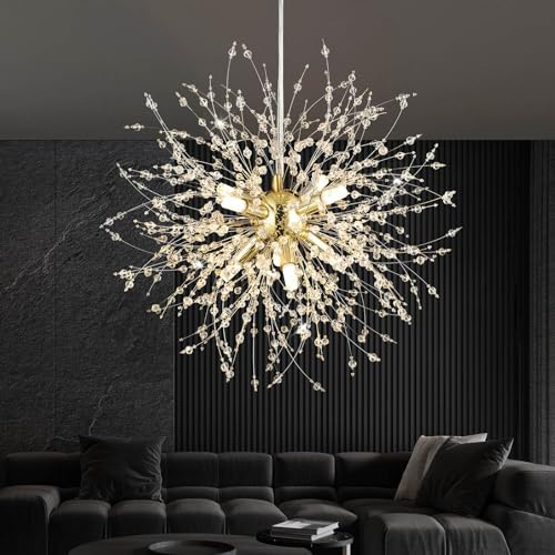 foucasal Modern Chandelier Ceiling Fixture, 8-Light Gold Crystal Fireworks Chandelier, Farmhouse Chandelier Over Table, Pendant Light Suitable for Dining Rooms, Living Rooms, Kitchen Islands