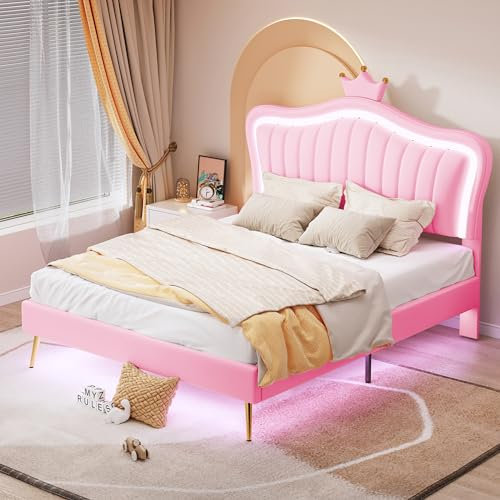 ZYLOYAL10 Kinderbett Polsterbett, Bettgestell für Mädchen, weißes Kronen-Doppelbettgestell aus PU-Leder mit L-E-D-Leuchten, Lattenrost und Rückenlehne(Matratze Nicht enthaltet) (140 x 200 cm - Rosa)