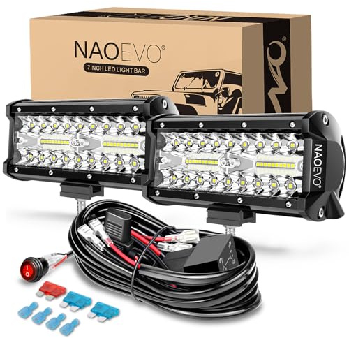 NAOEVO 7 Inch LED Light Bar, 240W 24,000LM Offroad Fog/Driving Lights LED Pods with 2 Leads Wiring Harness Kit, Spot Flood Combo Beam, Work for Truck Boat UTV ATV, 2-Pack (White)