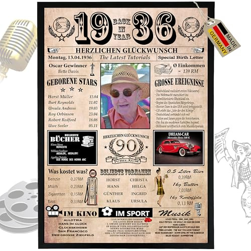 DUOMIO 1936-6 Felder PERSONALISIERBAR! Chronik zum 90 Geburtstag Geschenke Frauen & Geschenke zum 90. Geburtstag Mann - Ausdruck auf 400g/m² Premium Papier - Deko 1936 Jahrgang Geschenkidee