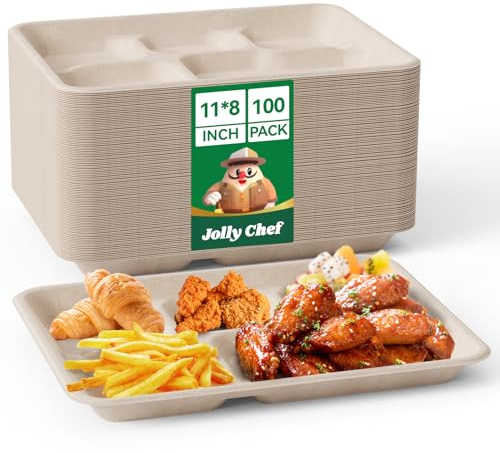 JOLLY CHEF Compostable 𝟱 Compartment 𝟭𝟭 * 𝟴 𝗶𝗻𝗰𝗵 Paper Plates [𝟭𝟬𝟬 𝗣𝗮𝗰𝗸] Heavy Duty Small Natural Divided Eco-Friendly Biodegradable Food Trays for Party Lunch Dinner Christmas