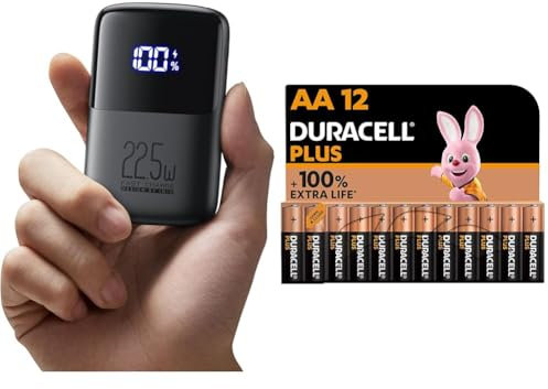 INIU Power Bank & Piles AA Duracell Plus, Paquet de 12, Alimentation Longue durée, Pile AA pour la Maison et Le Bureau