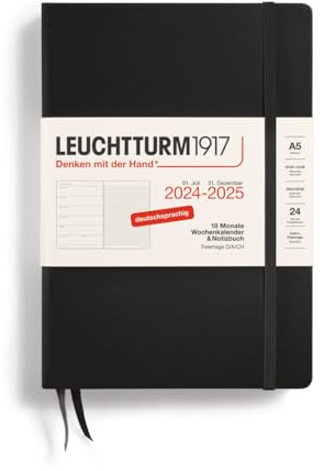 LEUCHTTURM1917 370613 veckokalender och anteckningsbok 2025, medium A5 inbunden – 18-månaders planerare, 80 g, linjerad – svart