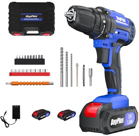 Elektrische Bohrmaschine, Akku Bohrmaschine, 21V Bohrschrauber mit Li-Ion Akku/Ladegerät, Drehmomenteinstellung, Leichtgewicht, LED, Schlagbohrer Set für Zuhause, DIY