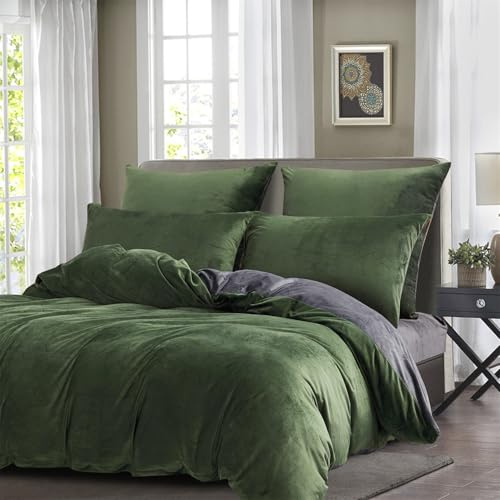 Set copripiumino Gezu in flanella e velluto, 240 x 260 cm, verde e grigio, invernale, doppio lato, soffice e caldo, per letto matrimoniale, con 2 federe 65 x 65 cm e cerniera
