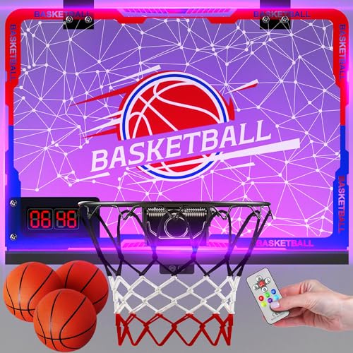 Mini Indoor Basketball Hoop with 7-Color Lights & 3-Light Effects & Scoreboard & Timer,Over The Door Bedroom Office for 3-12 Year Old Kids Boys Birthday Christmas (A)