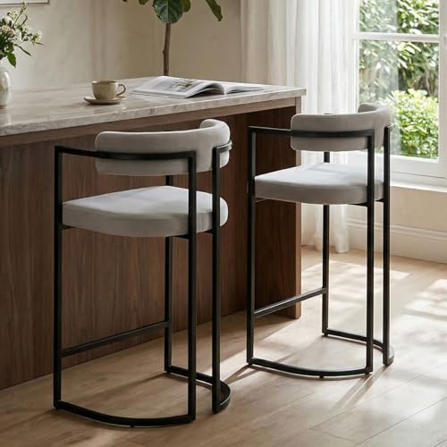 chairus Set di 2 Sgabelli da Cucina in Velluto Sgabelli da Bar Moderni Sgabelli Alti con Struttura in Metallo Sedie da Bar per Cucina Bancone, Grigio