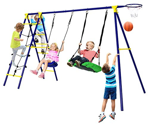 KOMFOTTEU Ensemble de Balançoire 5 en 1 avec 2 Balançoires, Échelle d'escalade, Filet d'escalade et Panier de Basket, Balançoire Enfant avec Cadre, Portique Balançoire d'extérieur