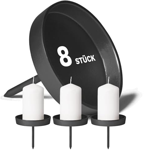 Novaliv 8X Kerzenpick flach 8,5cm Schwarz Aluminium Weihnachtskranz Kerzenständer Adventskranzdeko Kerzenhalter Adventskranz Adventskerzenhalter Kerzenteller zum Stecken rund Kerzenpin - ohne Kerzen