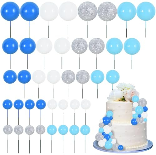 RIBBOOO 40 Pcs Ball Cake Toppers Insert Balls Cake Decorations Foam Balls Cake Toppers DIY Cake Ornament for Birthday Baking Baby Shower Anniversary and Wedding Party (Blue White Silver)