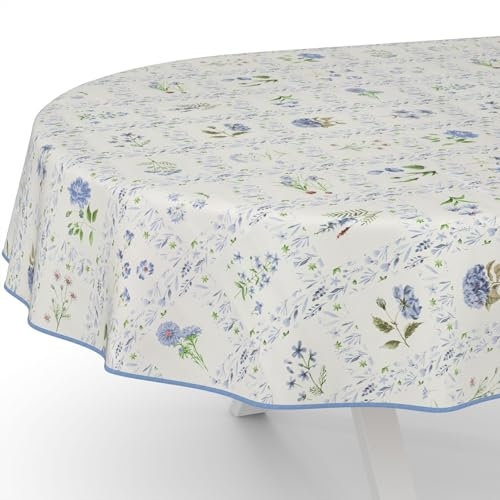 ANRO Wachstuchtischdecke Wachstischdecke Wachstuch Tischdecke abwaschbar Gartentischdecke Wasserabweisend Oval 180x140cm mit Saum (Eingefasst) Blumenkaro Blau