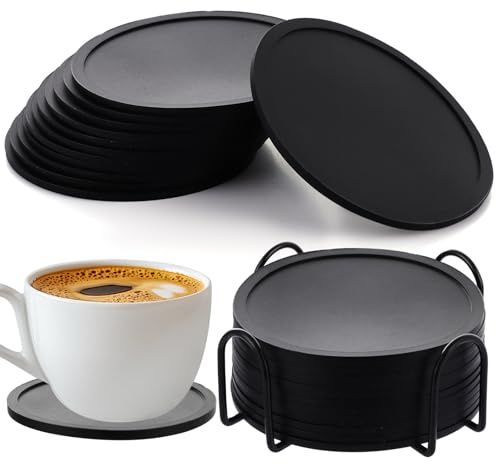 10er Set Silikon Untersetzer Untersetzer Silikon Gläser Runde Design-Glasuntersetzer Getränkeuntersetzer mit Edelstahlständer für Tisch Schreibtisch Büro Küche Bar Getränke Möbelschutz