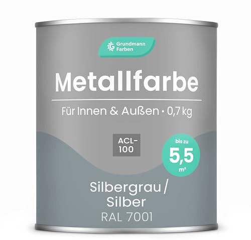 Grundmann Metallfarbe ACL 100 - Silber 0,7 Kg - Seidenmatt - 4in1 Metallschutzlack inkl. Rostschutz und Grundierung - RAL 7001 Silbergrau