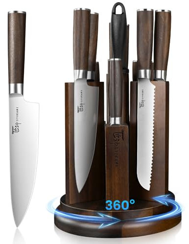 Kitchen Knife Set with Magnetic Block and Sharpener 14 Piece Knife Set 360° Rotatable Holder Ultra Sharp High Carbon Stainless Steel Knives Sets with Steak Knives, Anti-Slip Ergonomical Handle