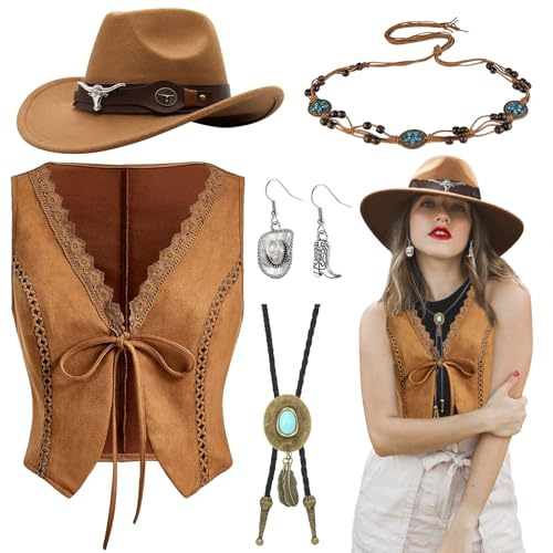 Saier tbo 5 Stück Western Cowboy Kostüm Set für Damen, Cowgirl Kostüm Accessoires Kit mit Cowboyhut Weste Halskette Ohrringe Taillenkette für Karneval Fasching Halloween Cosplay