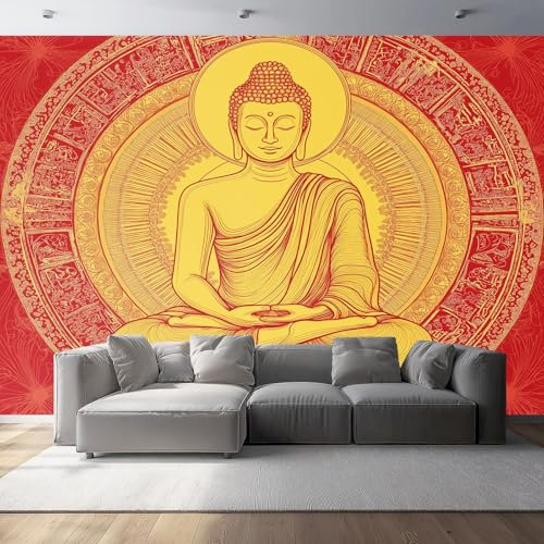 Fotomurales 300 x 210 cm Papel pintado Religión, Buda, patrón dorado decoración Pared decorativos Murales Póster Gigante de Pared Personalizado 3D Para Salón o Dormitorio Rojo dorado