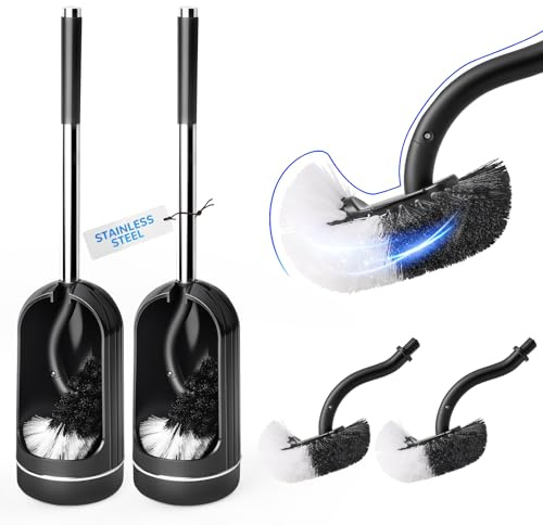 Topsky Juego de 2 escobilla de inodoro y soporte, cepillo limpiador de inodoro curvado con 2 cabezales de cepillo de inodoro de repuesto, cepillo de inodoro y juego de soporte (negro)
