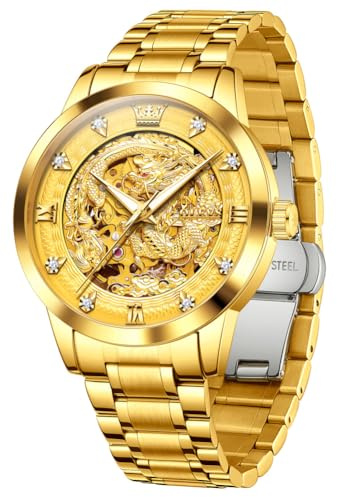 OLEVS Herren Luxus Uhr Automatik Mechanisch Blau/Schwarz/Weiß/Grau Zifferblatt mit Diamanten Tourbillon Wasserdicht Business Armbanduhr, 7027: Gold