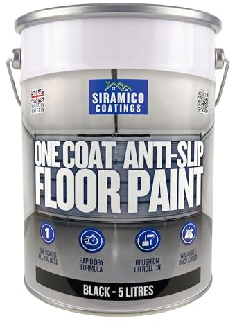 SIRAMICO COATINGS One Coat Anti-Slip Floor Paint | 5 Litres | 5 Modern Colours I Waterbased, Quick Drying Formula | White, Black, Greys (Black, 5 Liters)