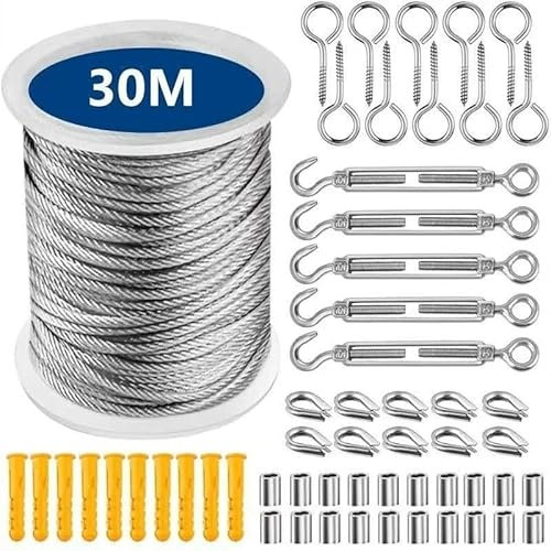 Wire Rope 1 Set Multifunctional Wires Rope Hanging Kit Stainless Steel Cable Wire Tent Cord Hanging Clothesline Rope for Drying Clothes For Curtain Rods, Clothesline, Plant Support(Type1 30M)