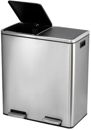 Panana 60L Poubelle à Double Compartiment 2 x 30L, avec 15 Sacs Poubelles, Pédales en Métal, 2 Seaux Intérieurs en Plastique, Couvercles, Poignées, Fermeture en Douceur (Argent)