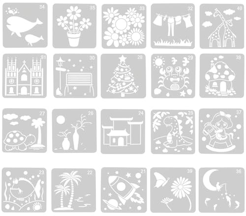Juego de 20 plantillas de 13 x 13 cm – Plantillas reutilizables para pintar para niños y adultos, plantillas de plástico para decoración textil, scrapbooking, tarjetas de bricolaje y decoración de