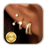 3 Paar Ohrringe Silber 925 Set Damen Gold 18K Vergoldet Klein Ohrstecker | Creolen Hypoallergen,Wasserfest,Stapelbar,Zirkonia Schmetterling Kleeblatt,Helix Piercing Schmuck,Geschenk Frauen Mädchen