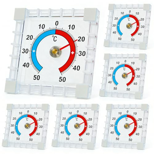 JNEYVIC 6 unidades Termómetro para ventana exterior, autoadhesivo, 7,5 x 7,5 cm, termómetro analógico, exterior, resistente a la intemperie, para jardín, interior y exterior