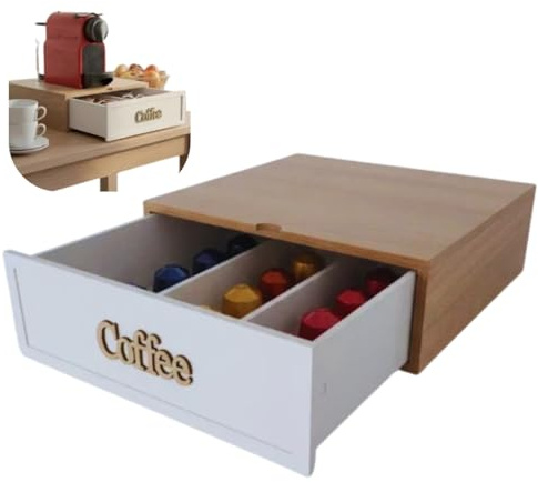 Cassetto in Legno Portacapsule - Cialde, Caffe, Zucchero, Organizer per Ufficio Casa - Contenitore in Legno 3 Scomparti per Cialde Capsule Caffe, 30 x 30 x 10 cm