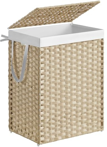 SONGMICS Laundry Hamper with Lid, 23.8 Gallon (90L) Synthetic Rattan Clothes Laundry Basket with Lid and Handles, Foldable, Removable Liner, Summer Sand ULCB051LZ01
