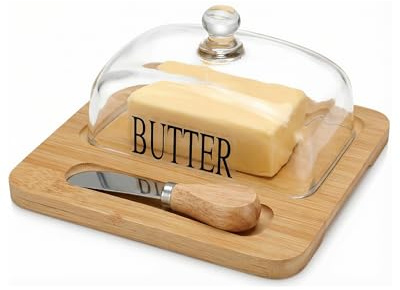 Zeltrivonex Beurrier en Verre avec Couteau, Cloche à Fromage Ronde 19,6x19cm avec Plateau en Bambou pour Frigo