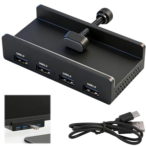Hub USB 2.0, à Clip 4 Ports USB-A en Alliage d’Aluminium, Hub USB avec Pince Réglable pour Bureau et Écran, Extension USB Haute Vitesse avec Câble Long 150 cm, Hub USB Bureau