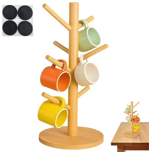 JIUCHAOTONG Mug Tree 6 Mugs, Mug Holder, Wooden Mug Rack Tree, Coffee Cup Stand, with 4 Round Non-Slip Pads, for Counter, Coffee Mugs Rack Organizer