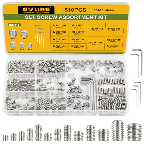 SVLING Set Screw Assortment Kit 510PCS, 13 Sizes Metric Set Screws M3 M4 M5 M6 M8 Socket Screw Kit 304 Stainless Steel for Bathroom Fixtures Door Handles