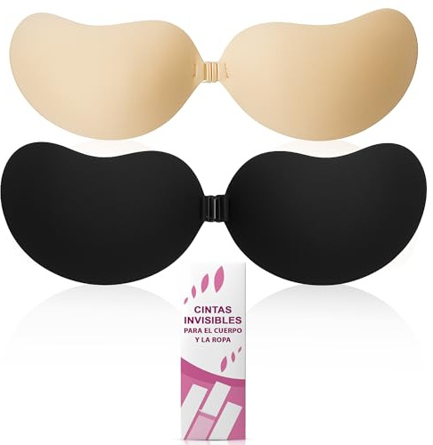 2uds Sujetador Invisible Push Up-Talla A-Adhesivo Hipoalergénico-Reutilizable y Cómodo-Realce Natural y Discreto-Ideal para vestidos sin tirantes, escote y espalda descubierta-Colores Beige y Negro