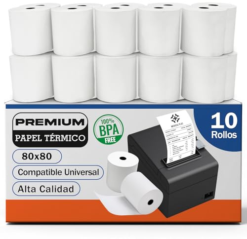 10 Rollos de Papel Térmico Premium 80x80 mm XXL Cia&Co, Alto Gramaje Blanco, BPA Free, Mandril 15 mm, Línea Roja, Compatible TPV POS ePOS, QRs y Códigos de Barras Legibles para VeriFactu y TicketBai