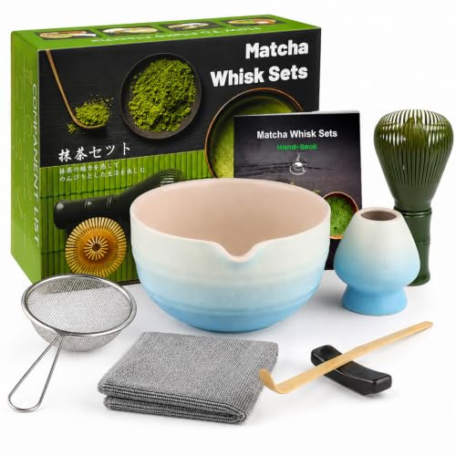 7pcs Matcha Set, Matcha Whisk Set - Matcha Whisk Plastic, Whisk Holder, Matcha Bowl, Scoop, Sifter, Absorbent Cloth - Japanese Tea Ceremony Set for Home Use or as a Gift, Gradient Blue