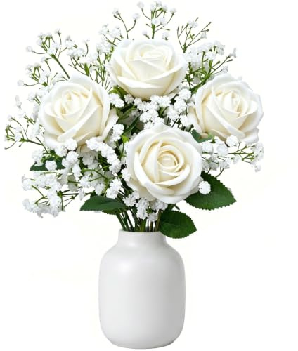 CECOMBINE Künstlicher Blumenstrauß mit Rosen und Eukalyptus, 16 Stück Kunstblumen Set, Realistische Seidenblumen wie echte Blumen, Dekoration für Hochzeit, Wohnzimmer, Tisch, Geburtstag und Heimdeko