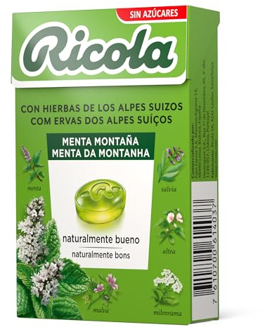 Ricola - Menta Montaña, Caramelos Duros Sin Azúcar, 50 g | Aceite de Cúrcuma, 13 Hierbas Suizas, Refresca, Suaviza la Garganta, con Edulcorantes, Sabor Menta Montaña, 50 g