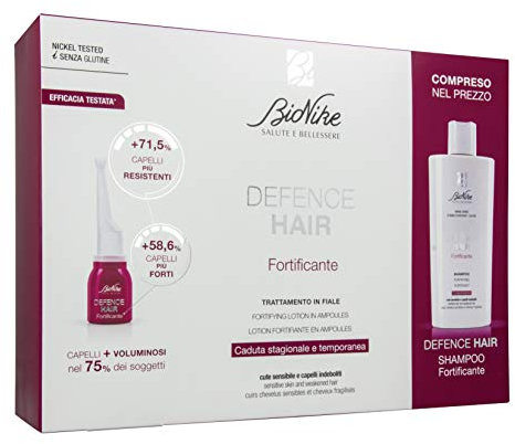 Bionike Defence Hair - Trattamento Fortificante per Capelli Fragili, Contrasta la Caduta, Azione Rivitalizzante, Dona Volume e Idratazione, 12 Fiale e Shampoo 200 ml