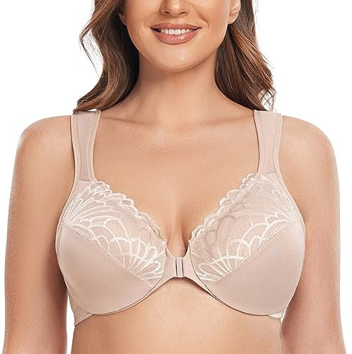 CASOLACE Women's Sexy Lace Plus Size Underwired Unlined Front Fastening Bras Beige 36DD
