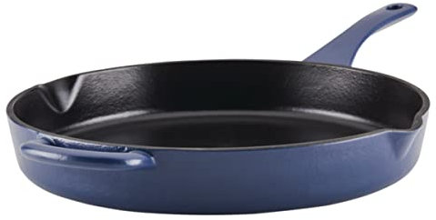 Ayesha Curry Kitchenware Sartén de hierro fundido esmaltado con mango auxiliar y boquilla de vertido, 12 pulgadas, color azul ancla