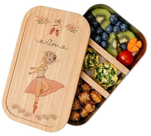 Manufaktur Liebevoll Personalisierte Brotdose Kinder mit Namen – Edelstahl Lunchbox mit Bambus Deckel & Fächern – Nachhaltige Brotbüchse Kindergarten Schule Mädchen Jungen Brotbox Ballett
