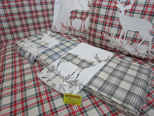 Juego de cama de matrimonio de franela con diseño de reno y tártaro, Ropa Cama. Color: rojo, 100% franela de algodón de fibra natural. Fabricado en Italia