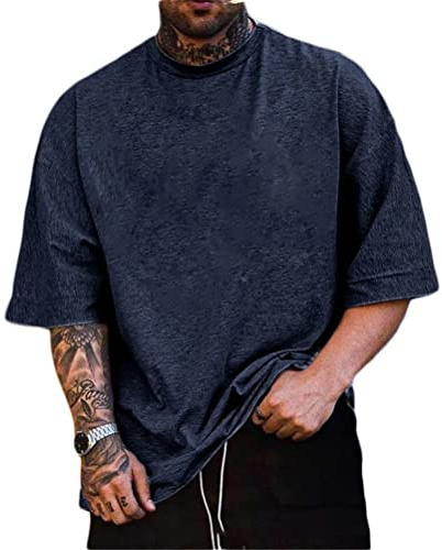 Minetom Homme T-Shirt Oversize Col Rond Large Manches Courtes Oversized Imprimé Tee Shirt Sport Décontracté Chemises B Marin XL